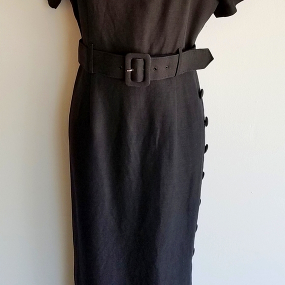 Vintage Belted Linen-Blend Side Button Midi Dress - Picture 2 of 7